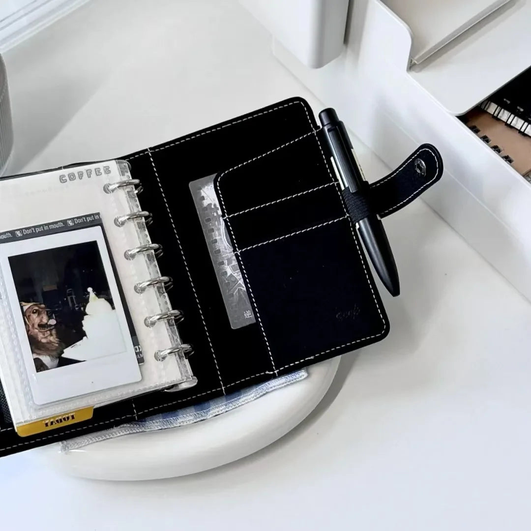 Black PU  A7 Loose Leaf Binder Journal Notebook Diary Cover Ring Planners Organizer Easy Carrying Agenda