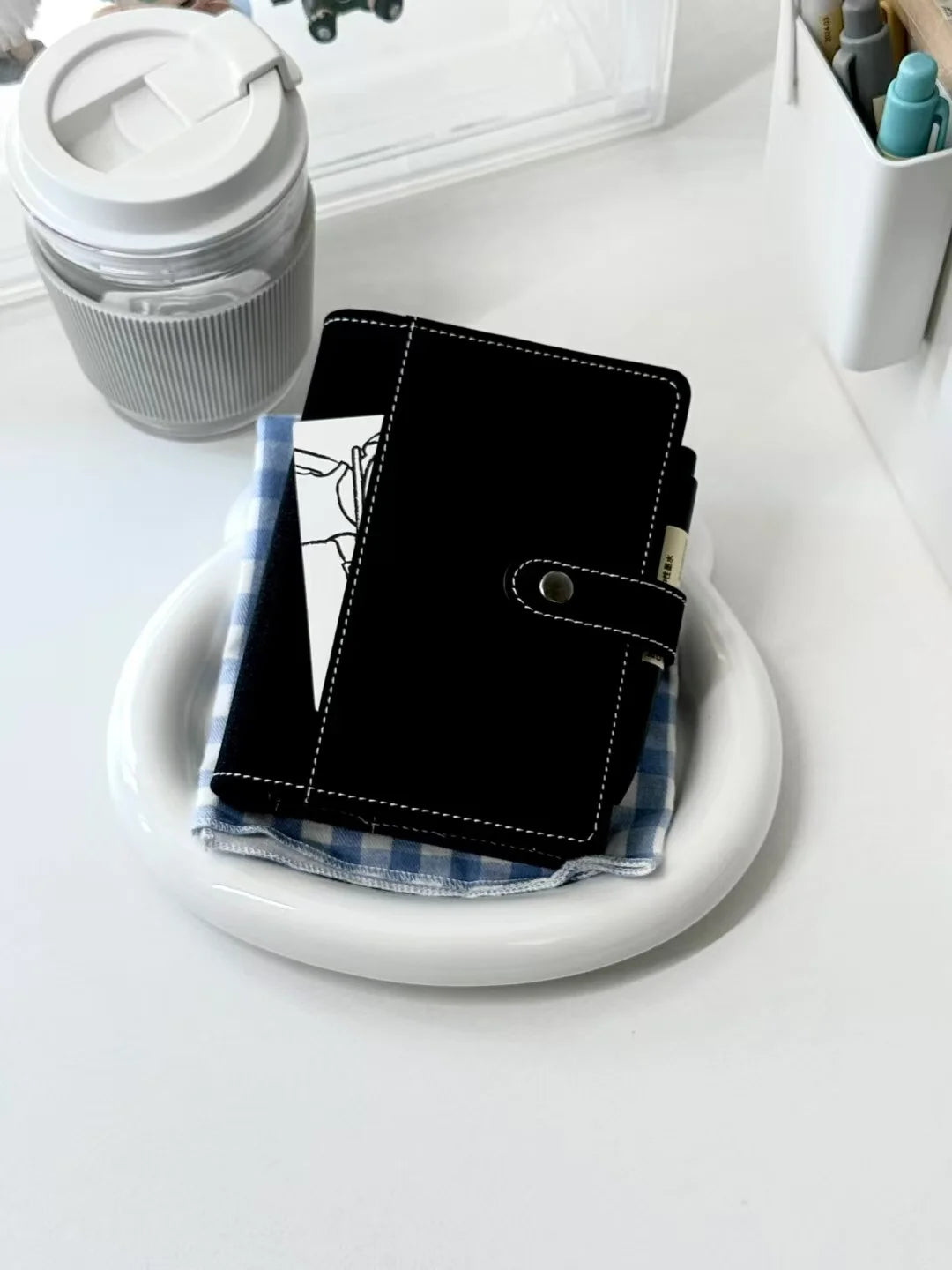 Black PU  A7 Loose Leaf Binder Journal Notebook Diary Cover Ring Planners Organizer Easy Carrying Agenda