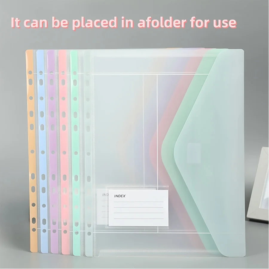 6pcs expandable A4 loose-leaf file bag, 11-hole side-opening folder, button pasted, suitable for 2/3/4 ring binde
